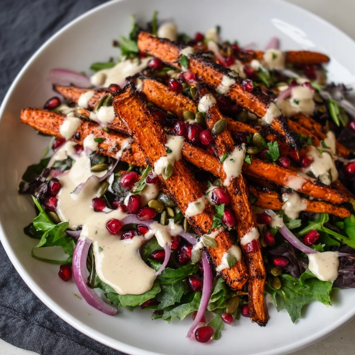 Delicious, vegan roasted carrot salad served atop mixed greens, ready to eat and enjoy.