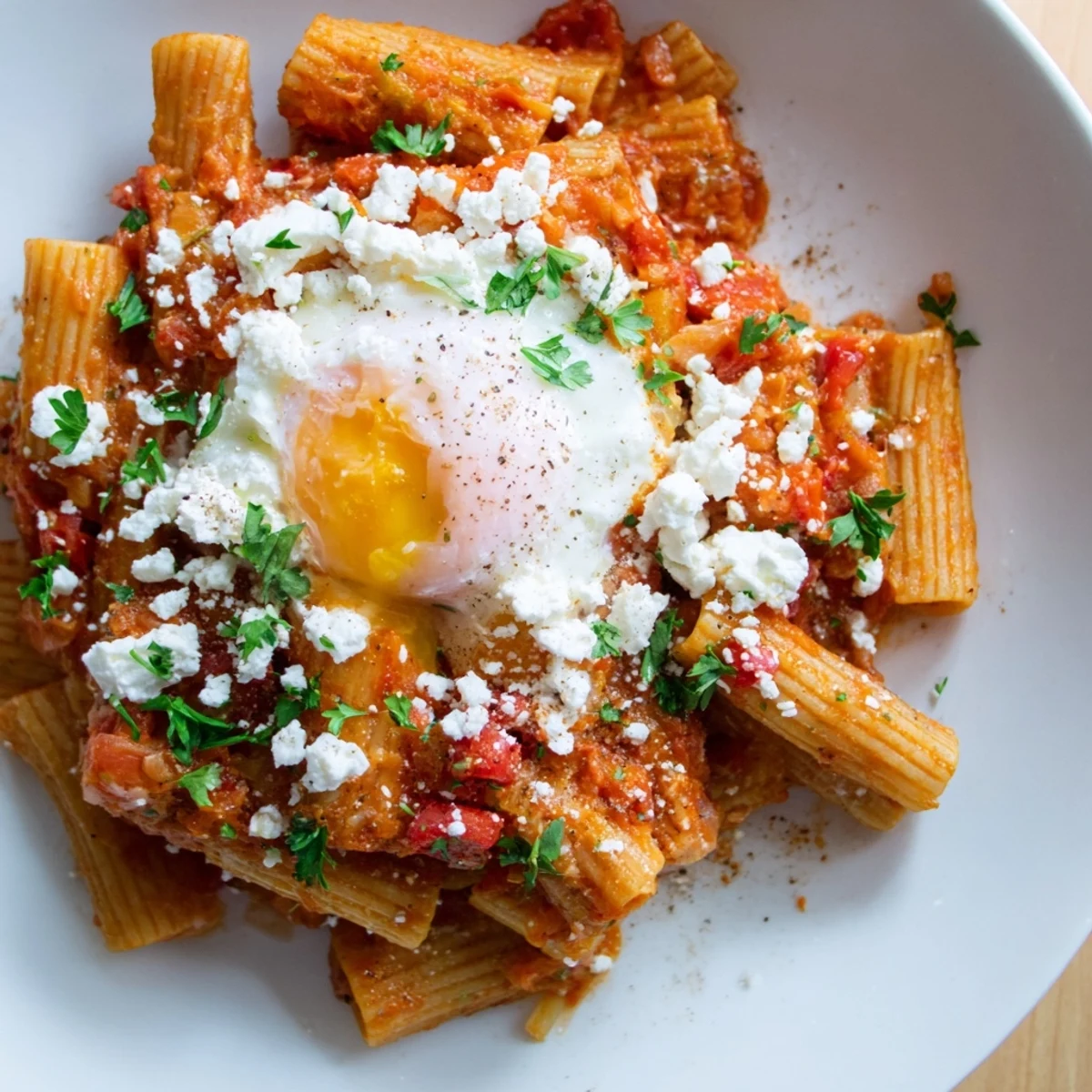 Quick Shakshuka Pasta with runny yolks, bubbly tomato sauce and fresh parsley garnish.