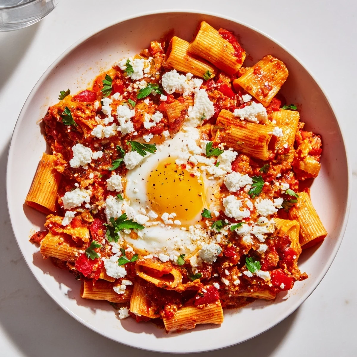 A close-up shot of rich and spicy Quick Shakshuka Pasta, ready to savor and enjoy.