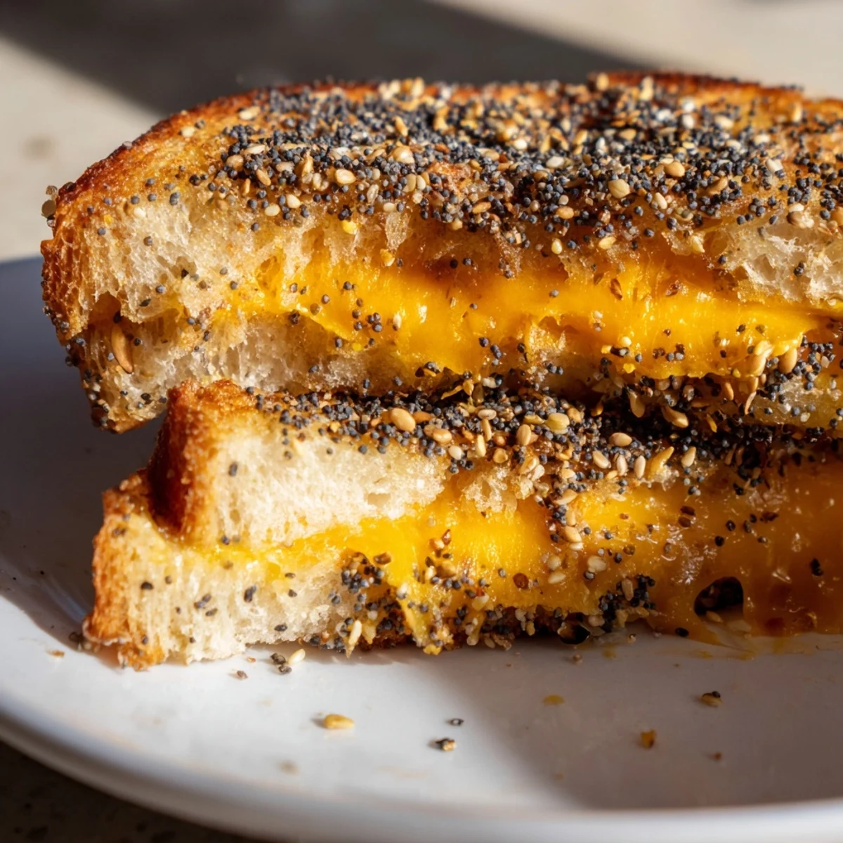 Golden-brown Everything Bagel Grilled Cheese with melted cheese oozing from toasted bread.