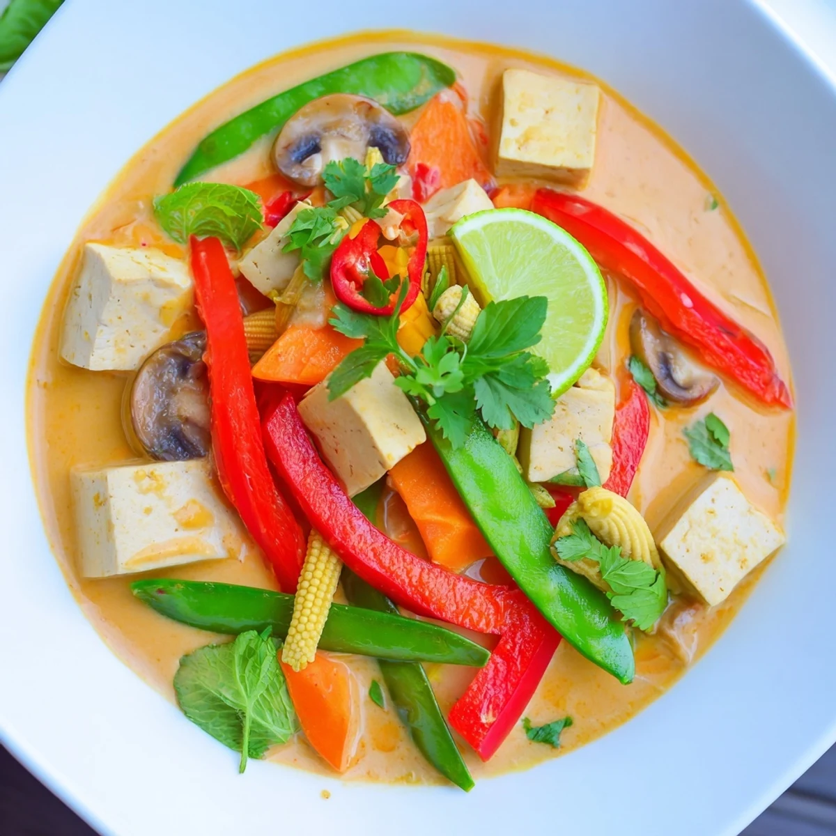 Creamy coconut milk simmers around tender tofu in this fragrant Thai Green Curry Coconut Soup recipe.