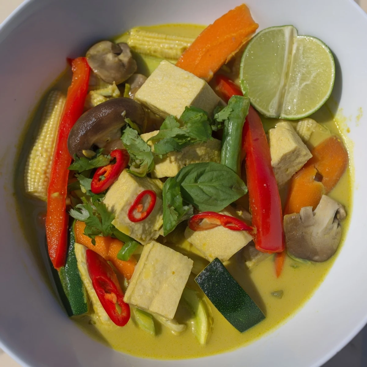 Steaming Thai Green Curry Coconut Soup with vibrant vegetables garnished with fresh cilantro and lime wedges.
