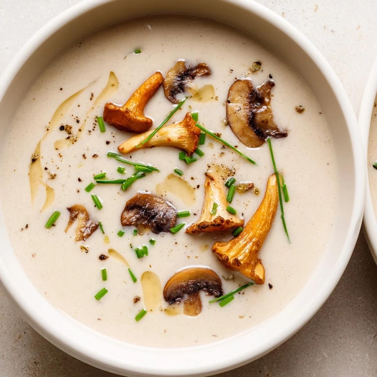 A steamy bowl of creamy mushroom bisque, garnished with fresh herbs, ready to enjoy.