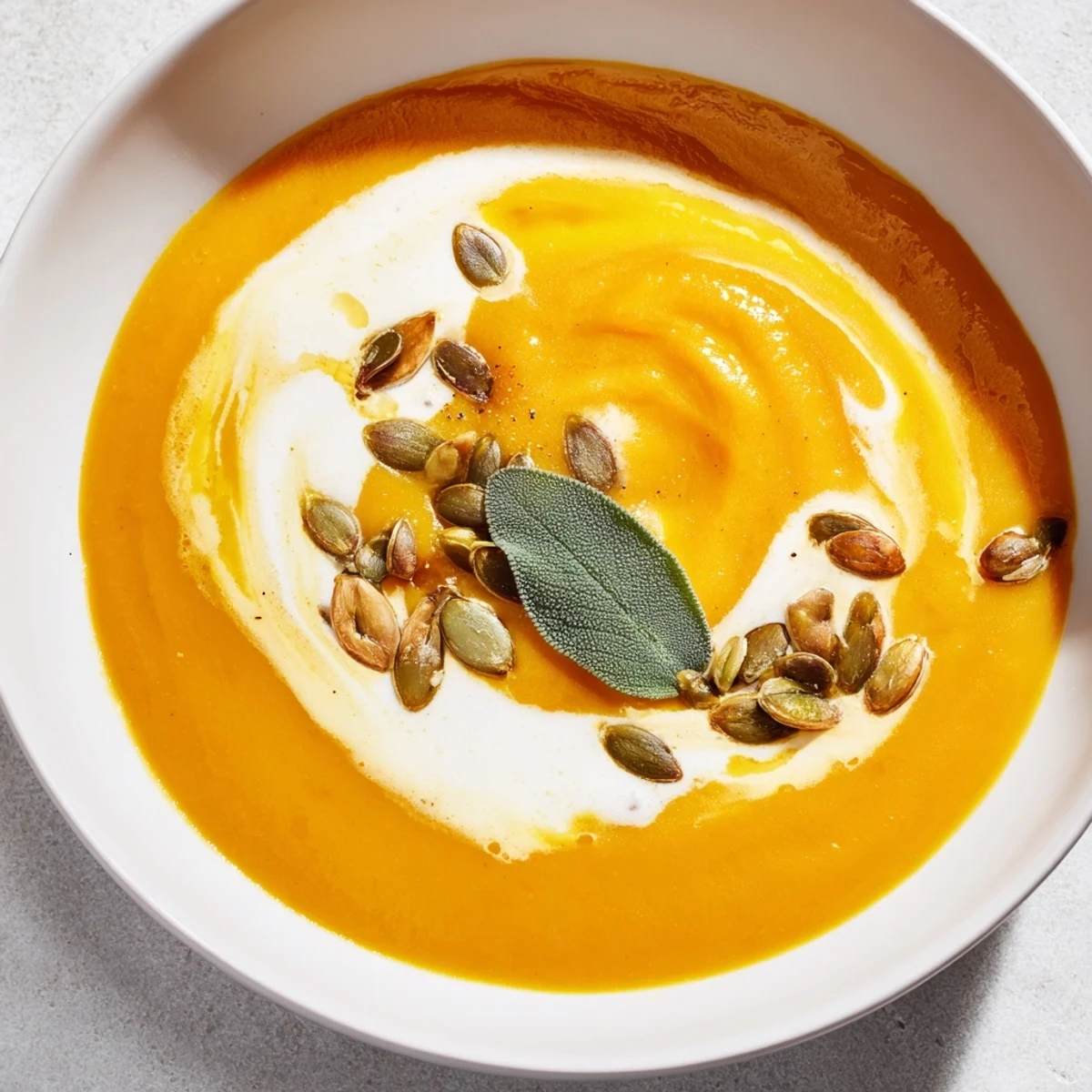 Creamy butternut squash soup with a swirl of cream, inviting you to enjoy this flavorful dish.