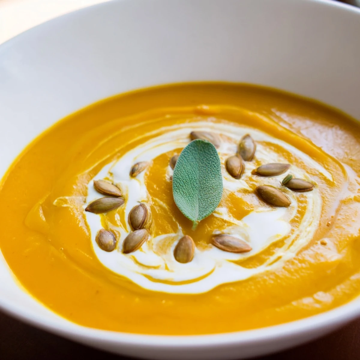 A bowl of warm, aromatic butternut squash soup, garnished with roasted seeds, perfect for fall.
