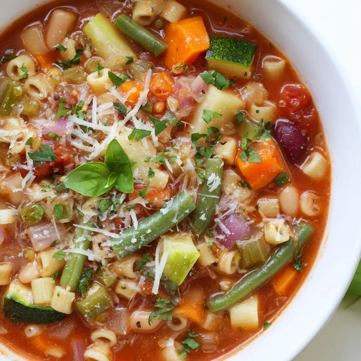 Steaming bowl of tomato basil minestrone, filled with vegetables and pasta, perfect for a cozy dinner.