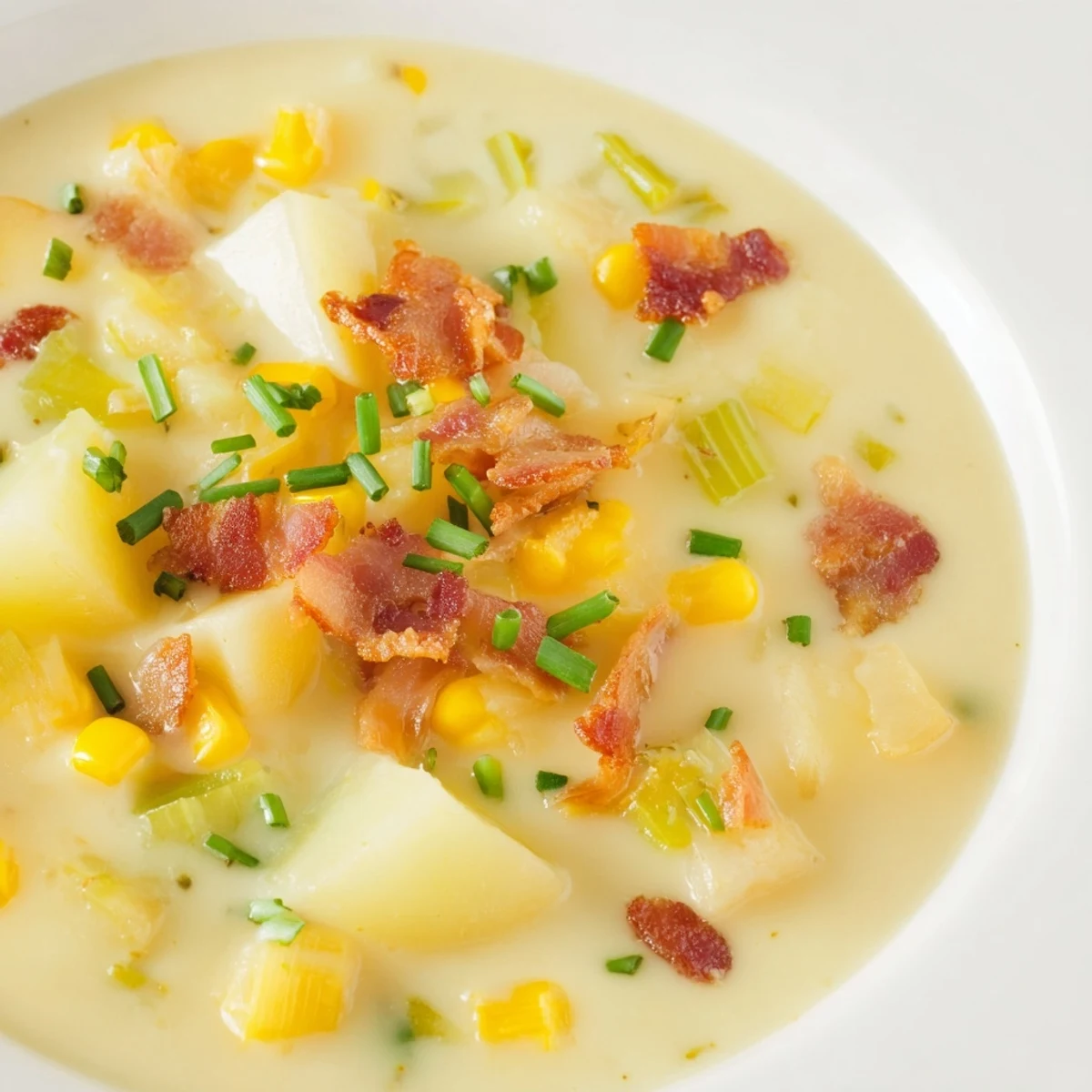 Enjoy a steaming bowl of Corn Chowder. This soup features vibrant corn kernels and tender potatoes.