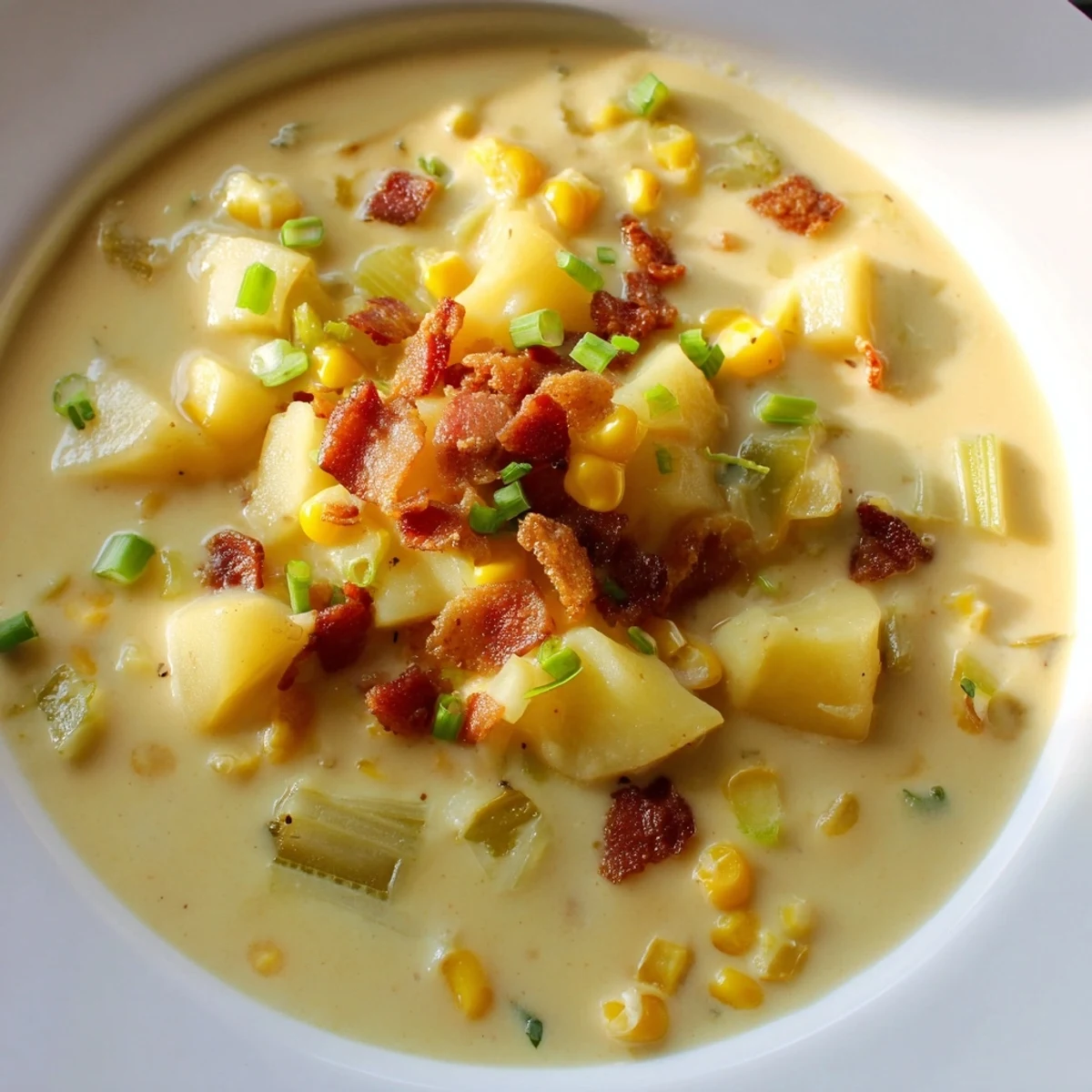Creamy Corn Chowder soup, garnished with crispy bacon and fresh chives, ready to eat.