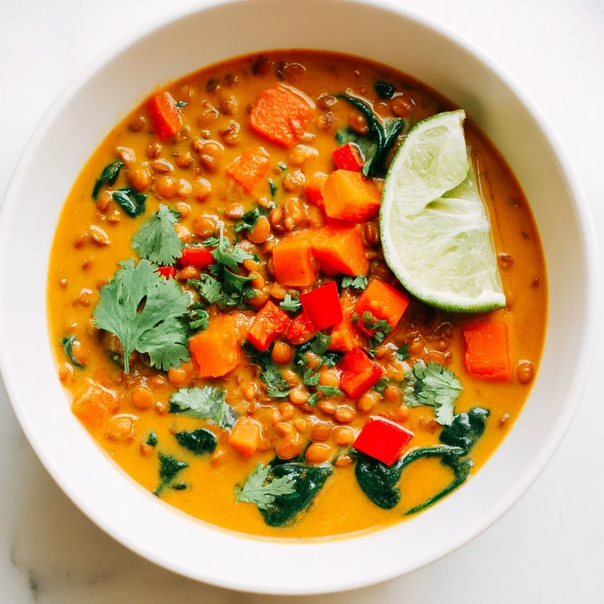 A steaming bowl of Lentil Red Curry Soup, garnished with fresh cilantro and lime wedges.