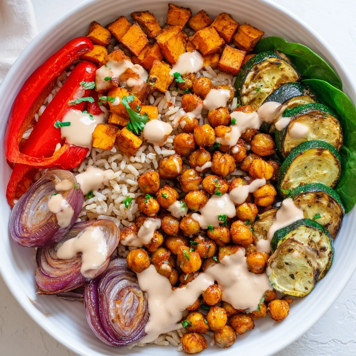 Warm, inviting image of a Roasted Chickpea Buddha Bowl arranged beautifully, ready for a delicious dinner.
