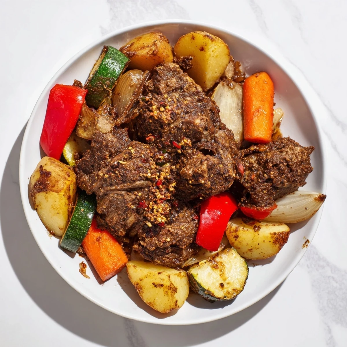 A close-up of Jordanian Zarb, showcasing fall-off-the-bone lamb with vibrant, cooked vegetables.