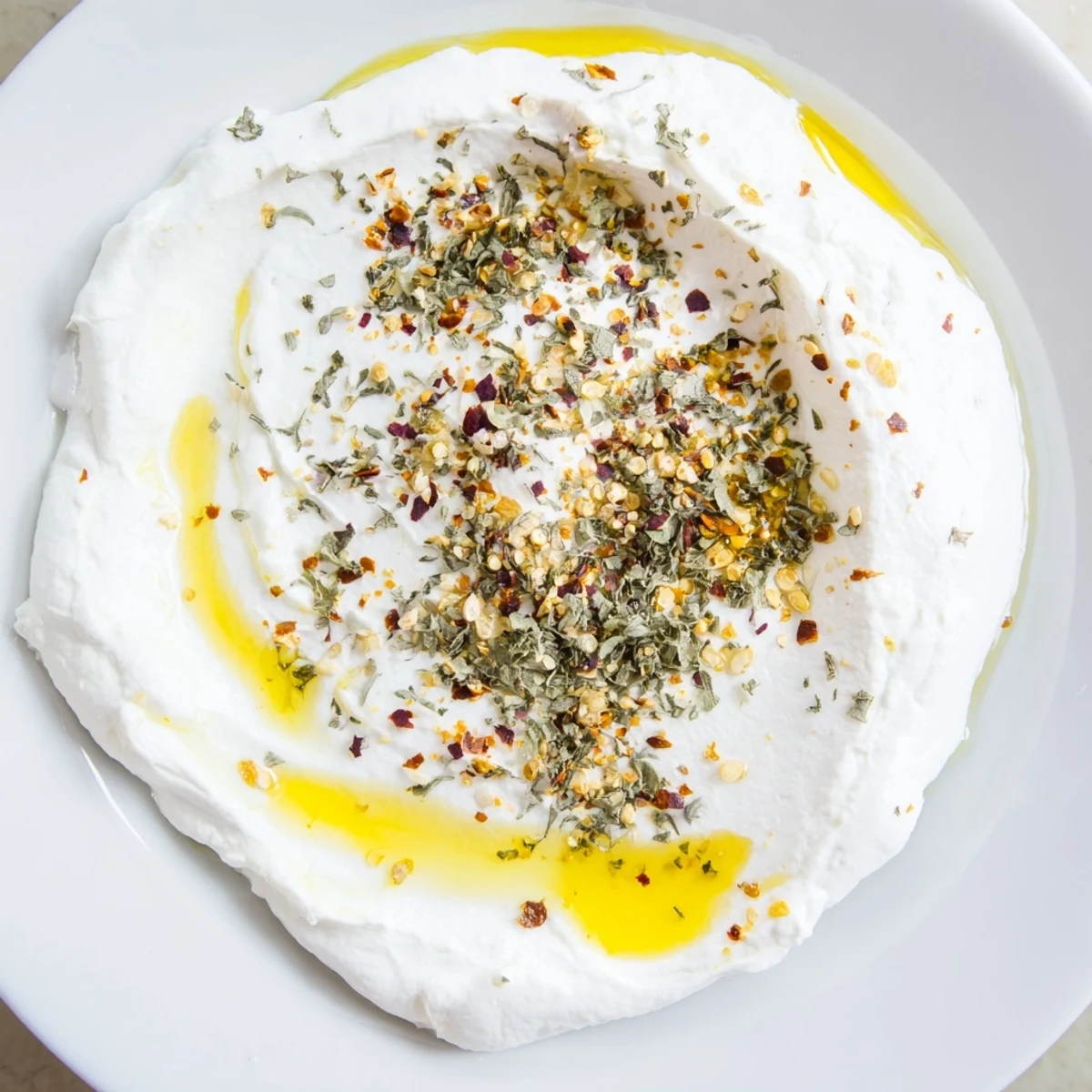 Thick, creamy Levantine labneh cheese drizzled with olive oil, perfect for spreading on warm pita bread.