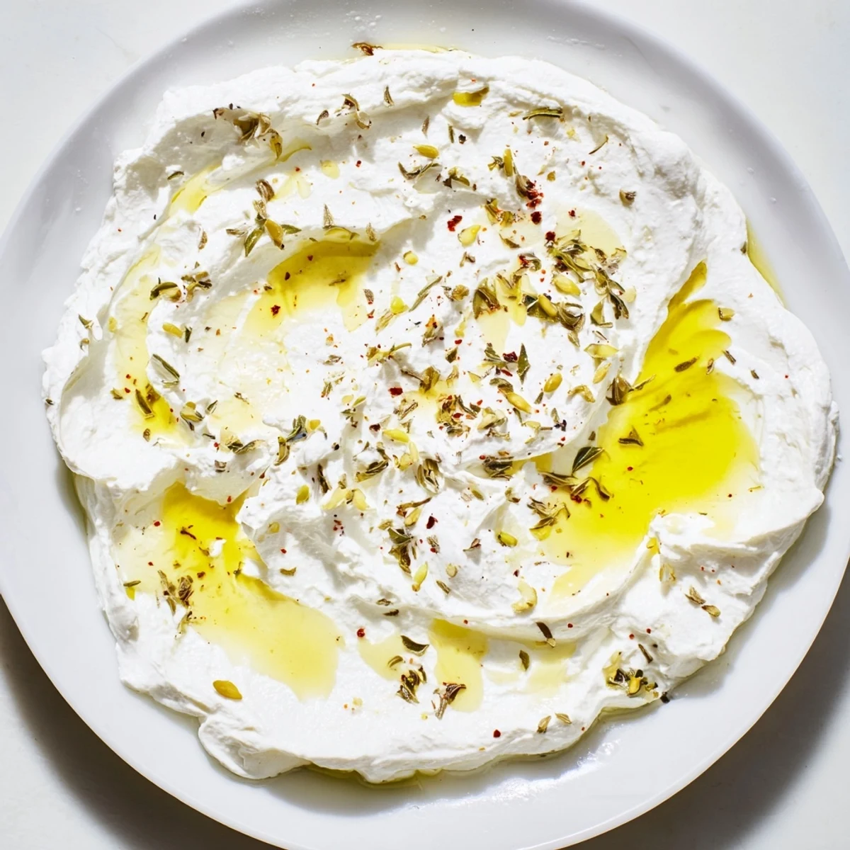 A close-up of homemade Levantine labneh, beautifully garnished with herbs, ready to be scooped up.