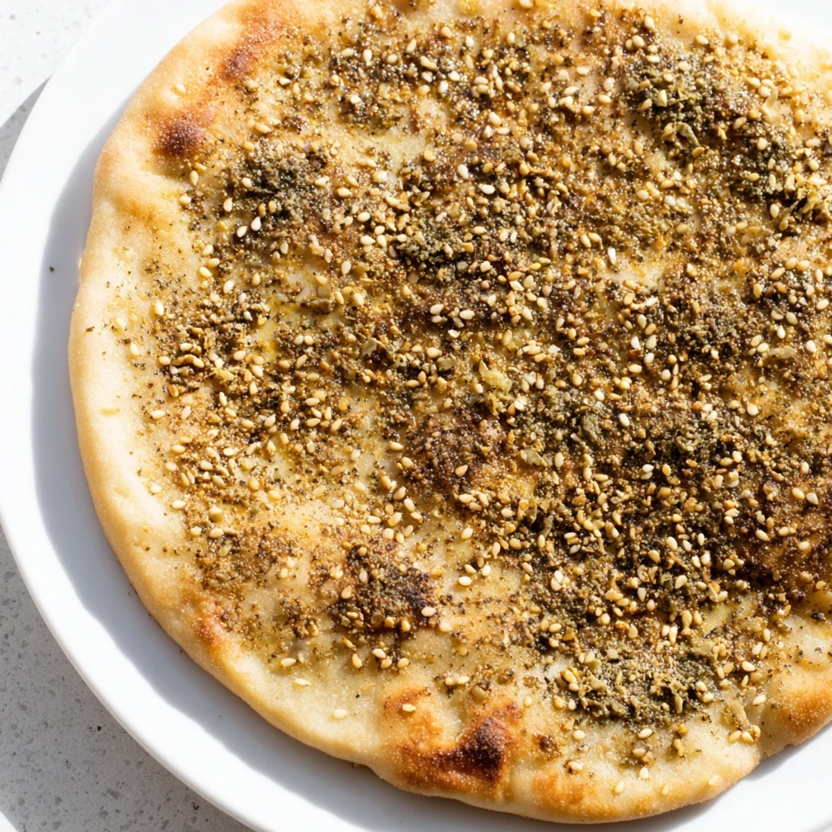 Golden, crispy Levantine Zaatar Bread topped with fragrant zaatar spice, perfect for serving.