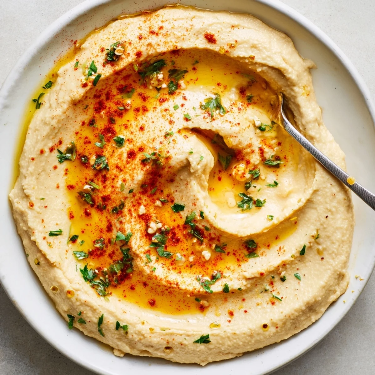 Creamy Levantine hummus plate drizzled with olive oil and sprinkled with paprika, ready to serve.