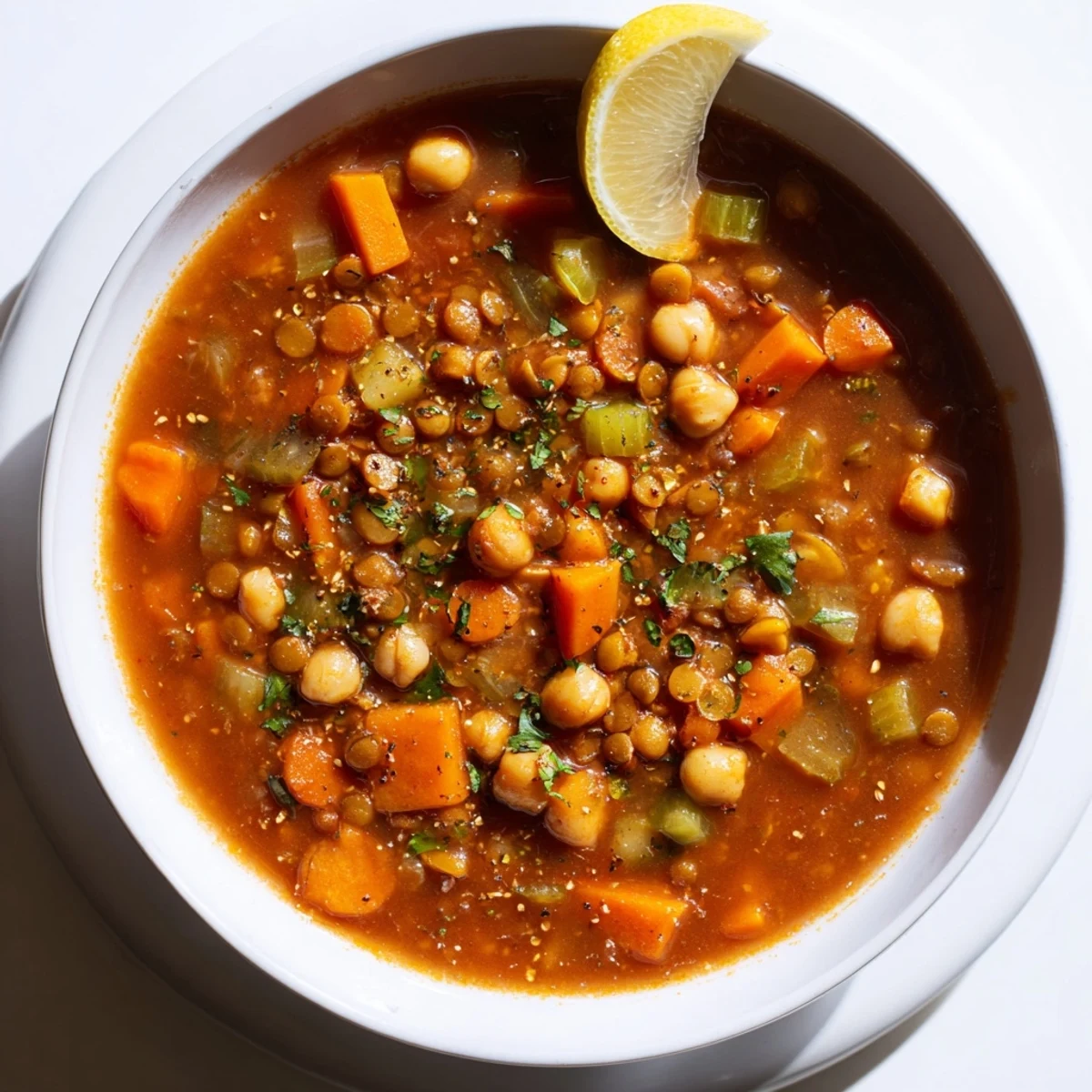 Close-up of the delicious North African Harira Soup, glistening, with visible chickpeas and herbs on top.