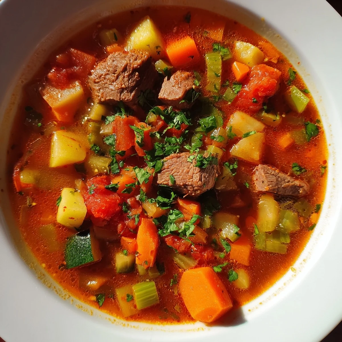 Steaming bowl of Algerian Chorba brimming with tender lamb, vegetables, and aromatic spices.
