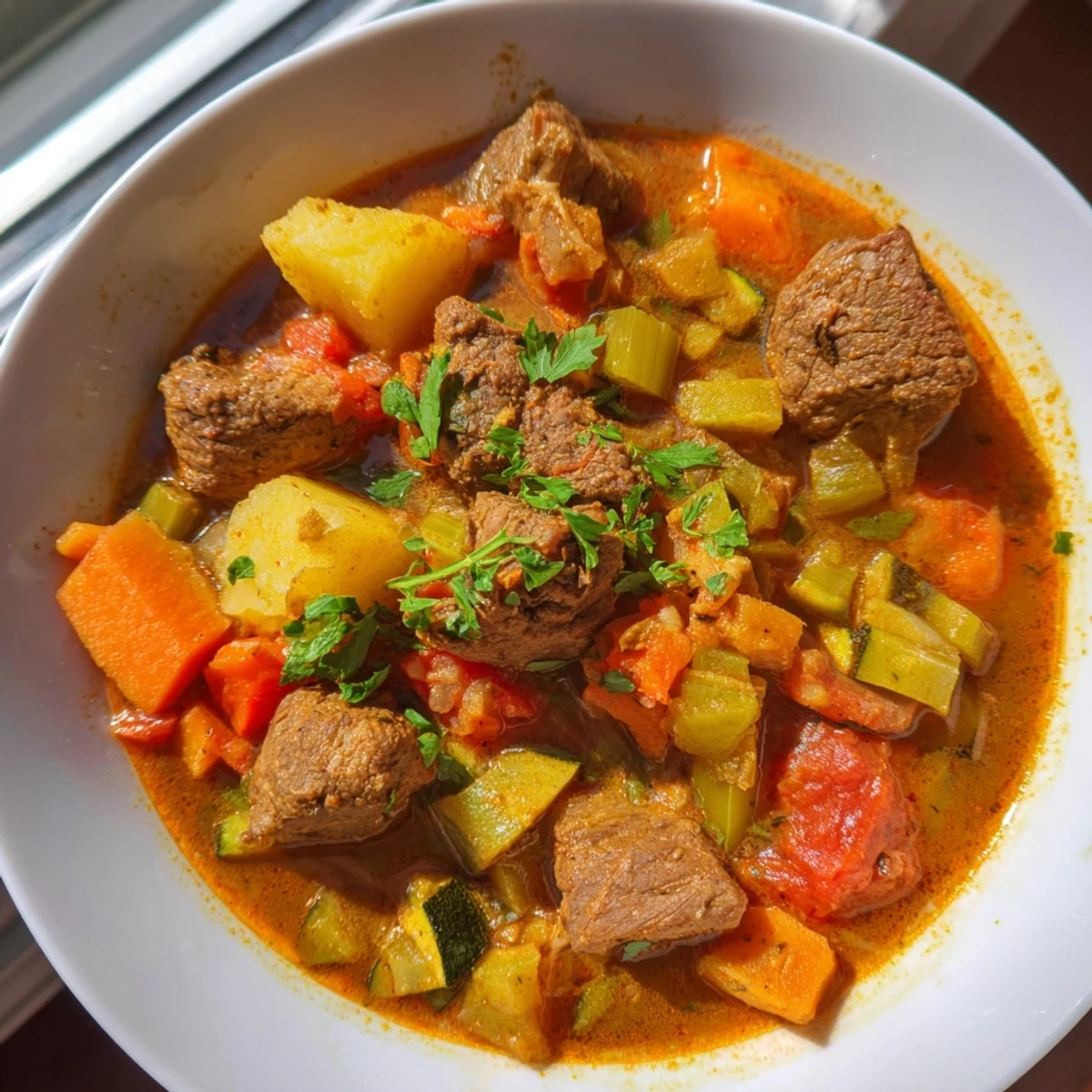 Close-up of hearty, flavorful Algerian Chorba, highlighting the rich tomato broth and tender lamb.