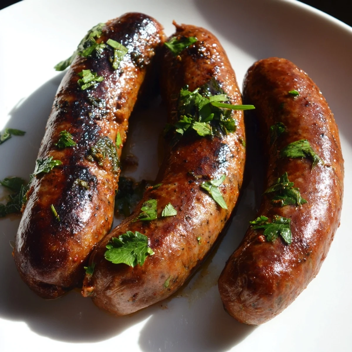 Juicy, spiced Tunisian merguez sausage, cooked until perfectly charred, smelling amazing and ready to serve.