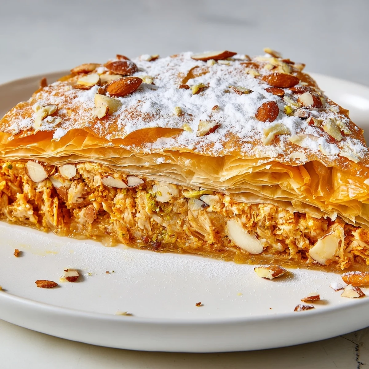 Golden-brown Moroccan Pastilla Pie, boasting a flaky phyllo crust and savory spiced meat filling.