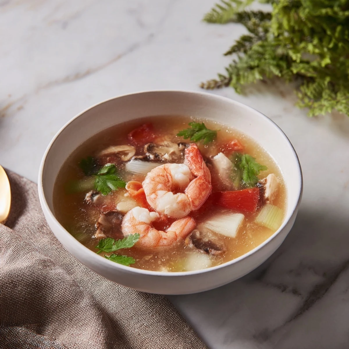 Steaming bowl of Spicy Tom Yum Soup, fragrant with lemongrass and filled with shrimp and veggies.