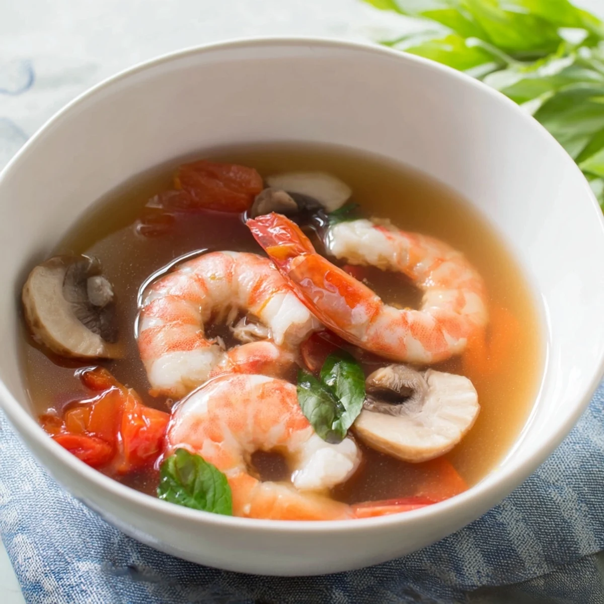 Freshly garnished Spicy Tom Yum Soup with lime wedges, offering a vibrant, flavorful Thai experience.