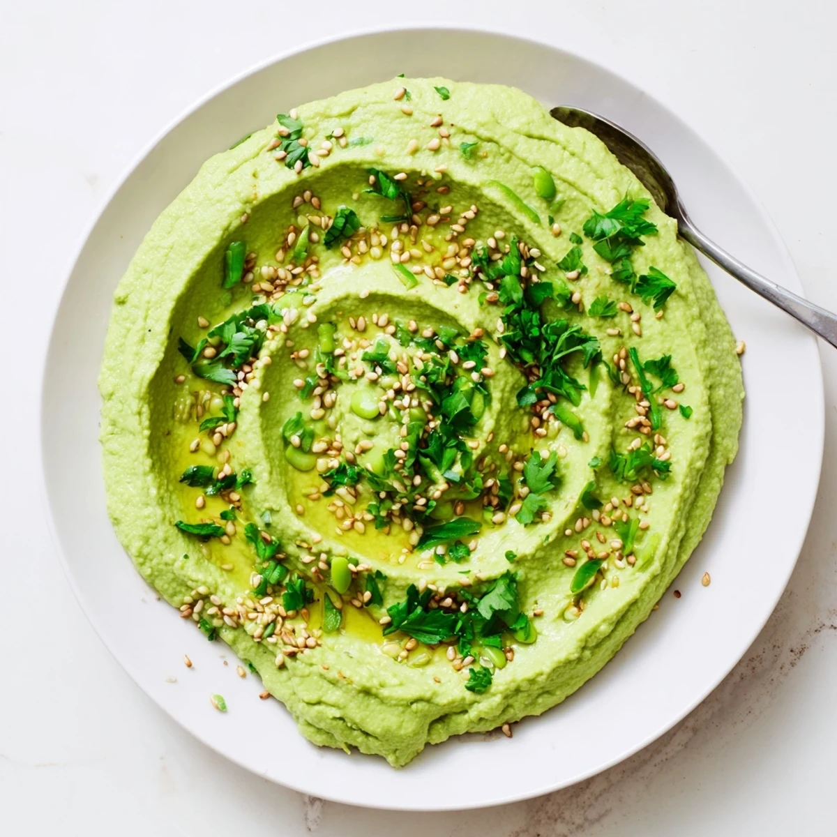 A vibrant green Edamame Hummus in a rustic bowl, garnished with olive oil drizzle, toasted sesame seeds, and fresh parsley for dipping.