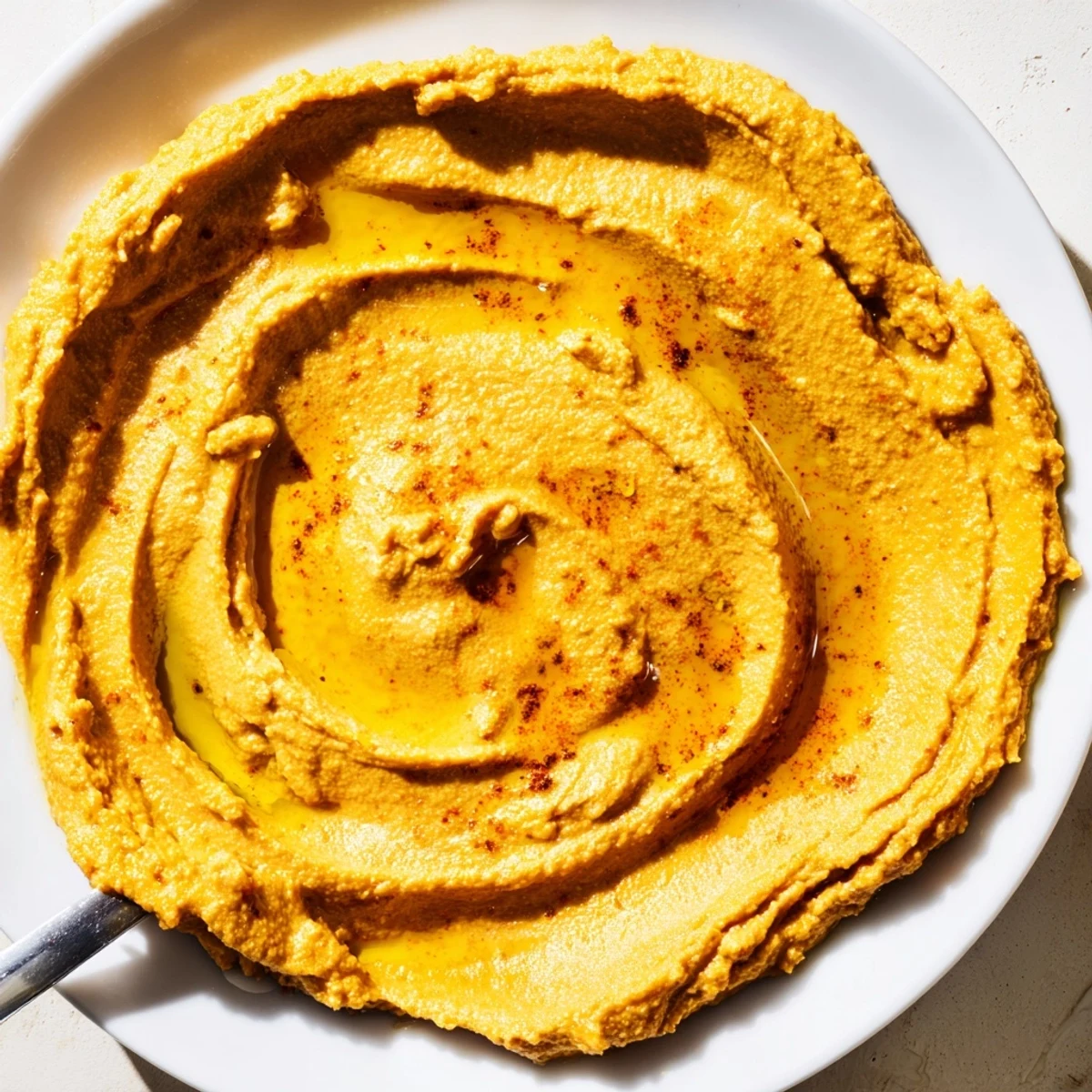 Creamy Chickpea Curry Paste in a rustic bowl, drizzled with olive oil and sprinkled with curry powder, ready for dipping.