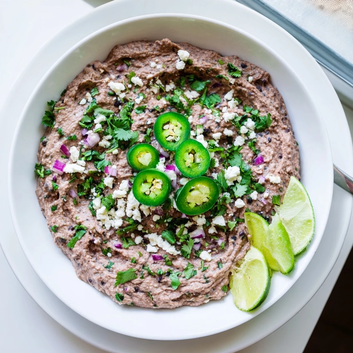 Vibrant Spicy Black Bean Dip with fresh cilantro and lime, perfect for dipping.