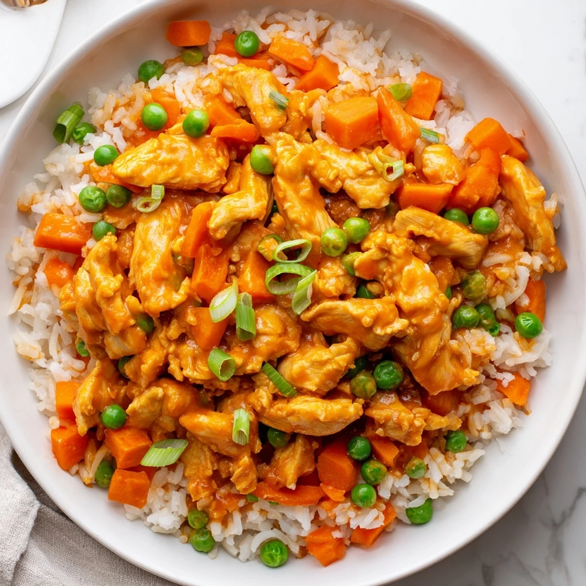 Golden grains of rice mix with tender butter chicken pieces for a comforting fusion meal.