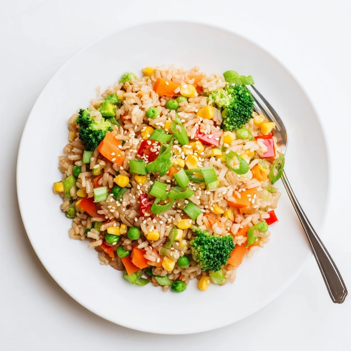 Hearty Vegetable Fried Rice topped with toasted sesame seeds, ready to be enjoyed as a vegetarian main dish.