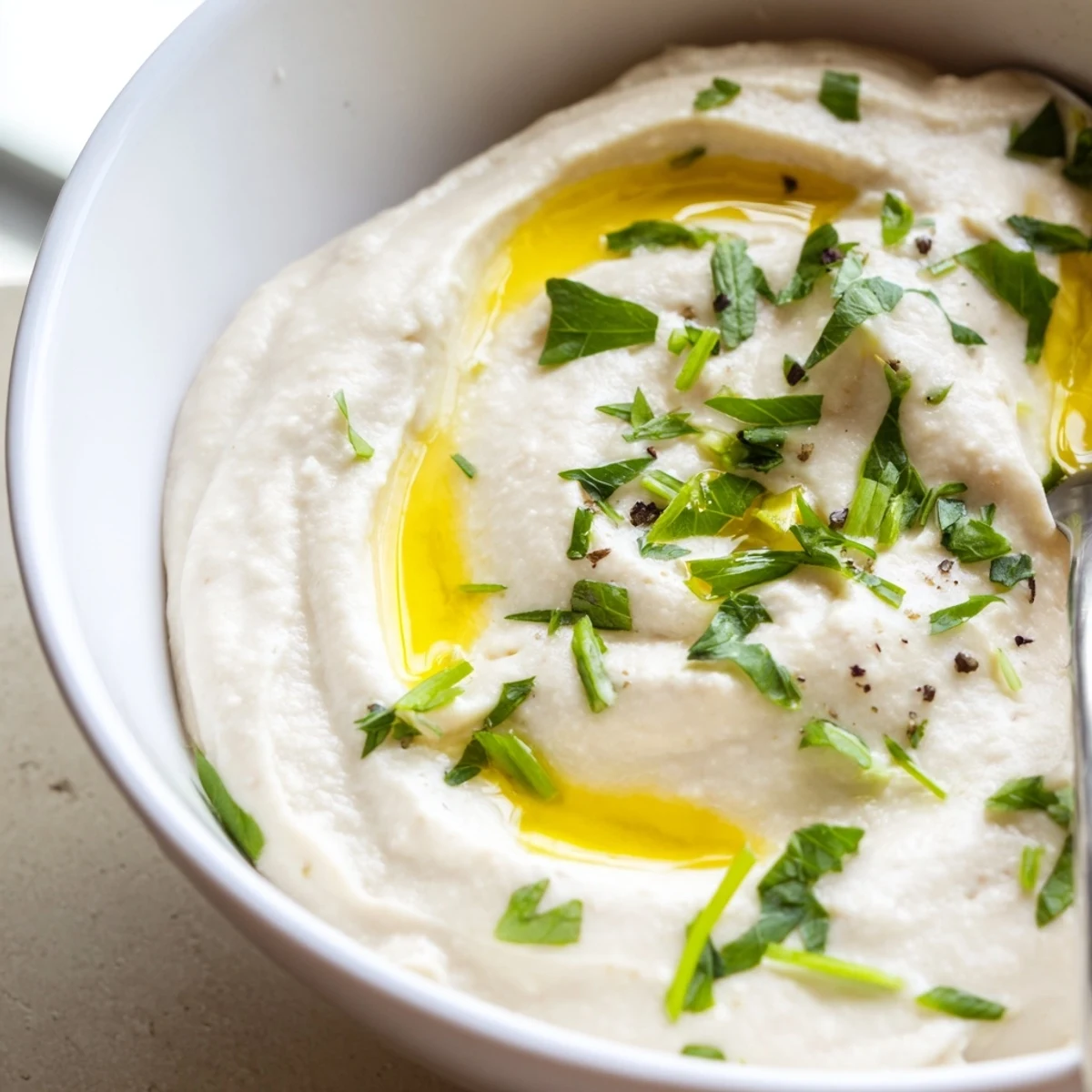 Creamy white bean dip garnished with olive oil and fresh parsley in a rustic bowl for dipping.