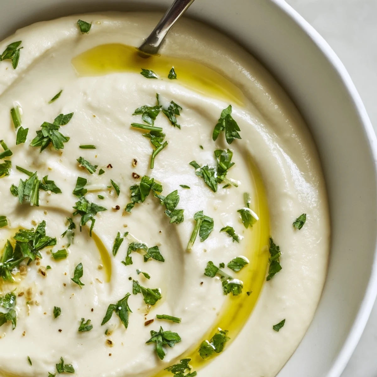 A smooth white bean dip with lemon and garlic, served alongside crunchy pita chips and fresh veggies.
