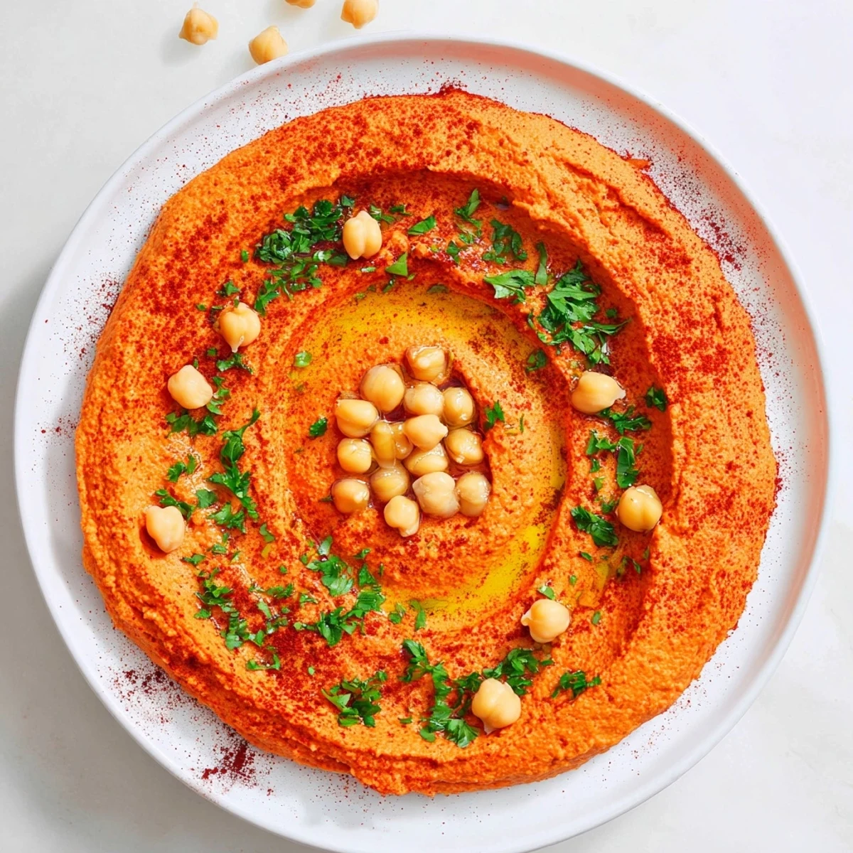 A vibrant bowl of roasted red pepper hummus garnished with olive oil and paprika, ready for dipping.