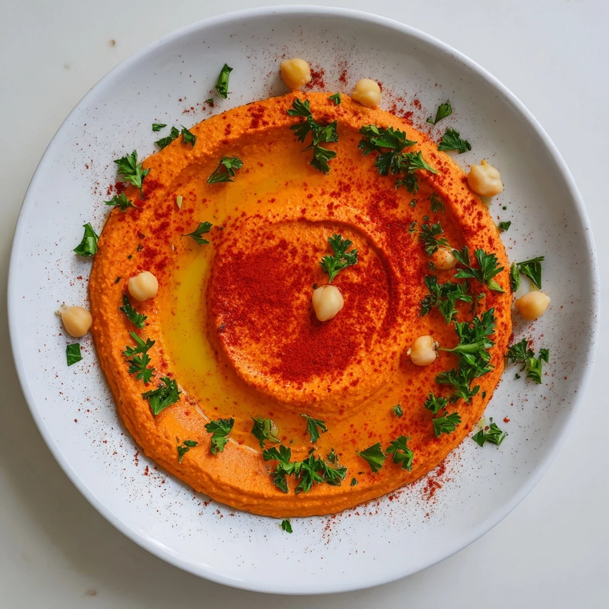 Roasted red pepper hummus spread on warm pita bread, with fresh vegetables for a healthy snack.