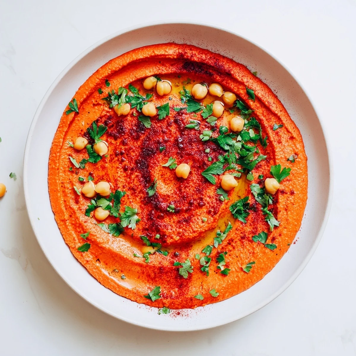 Creamy homemade roasted red pepper hummus in a rustic bowl, perfect for a colorful appetizer platter.