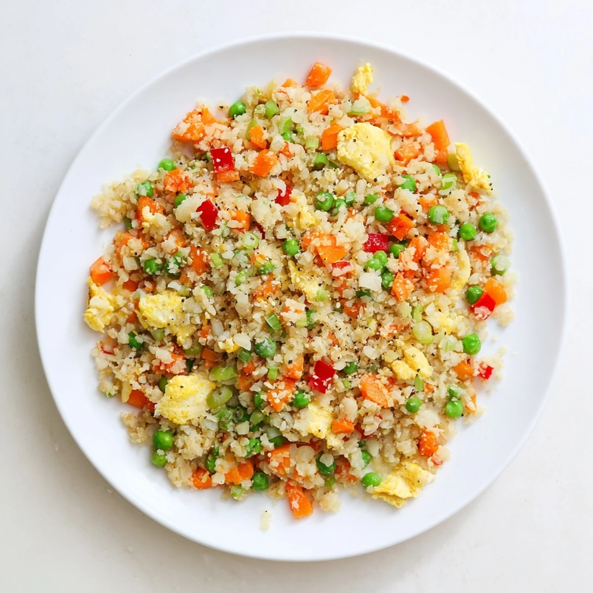 Vibrant cauliflower fried rice with colorful vegetables and fluffy scrambled eggs in a skillet.