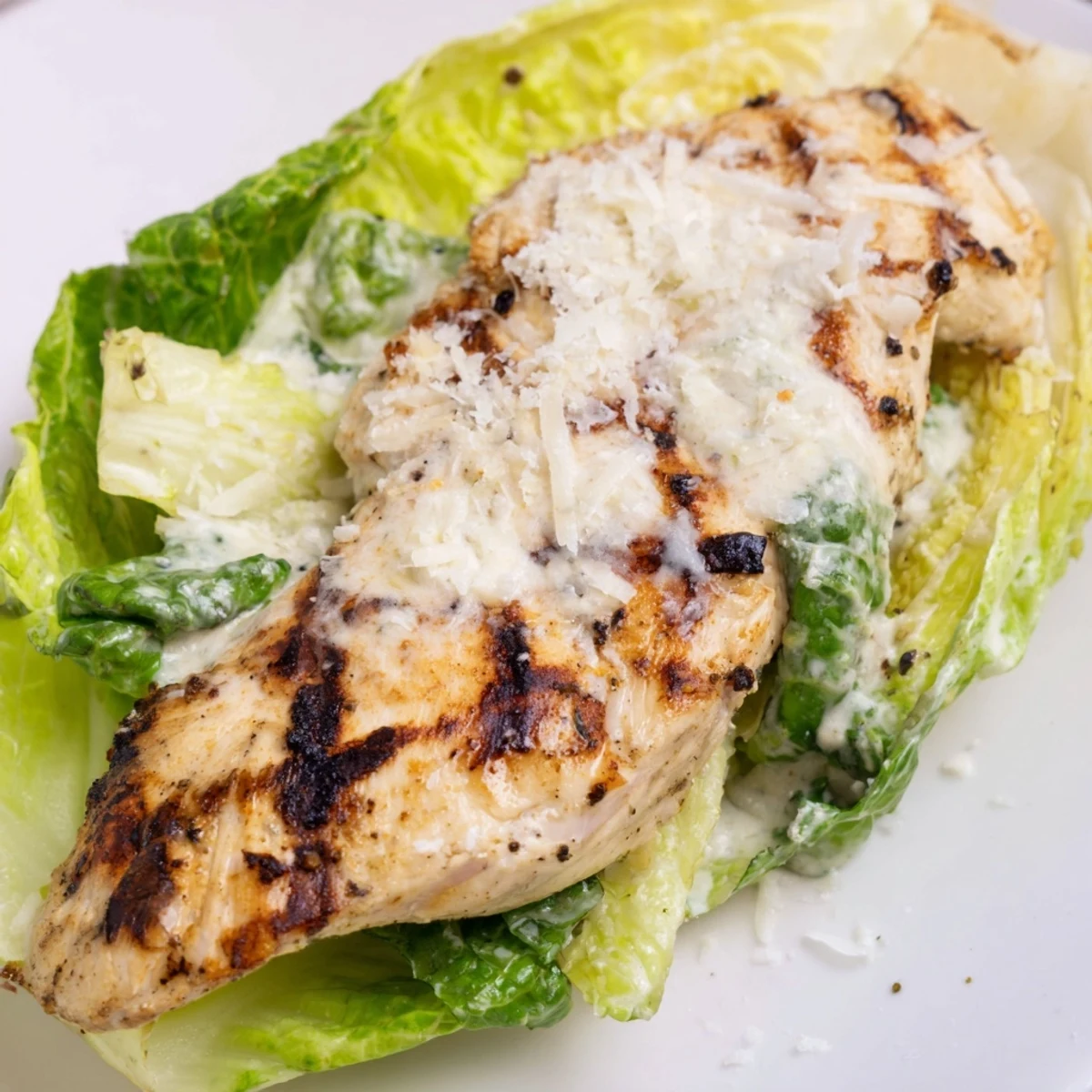 Golden toasted brioche buns cradling Parmesan-topped Caesar chicken and fresh romaine leaves.  