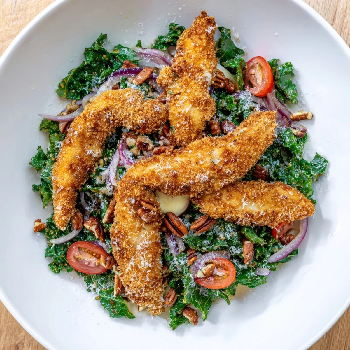 Golden crispy chicken strips arranged over a bed of chopped kale, topped with cherry tomatoes and red onion, served with a maple-Dijon dressing.