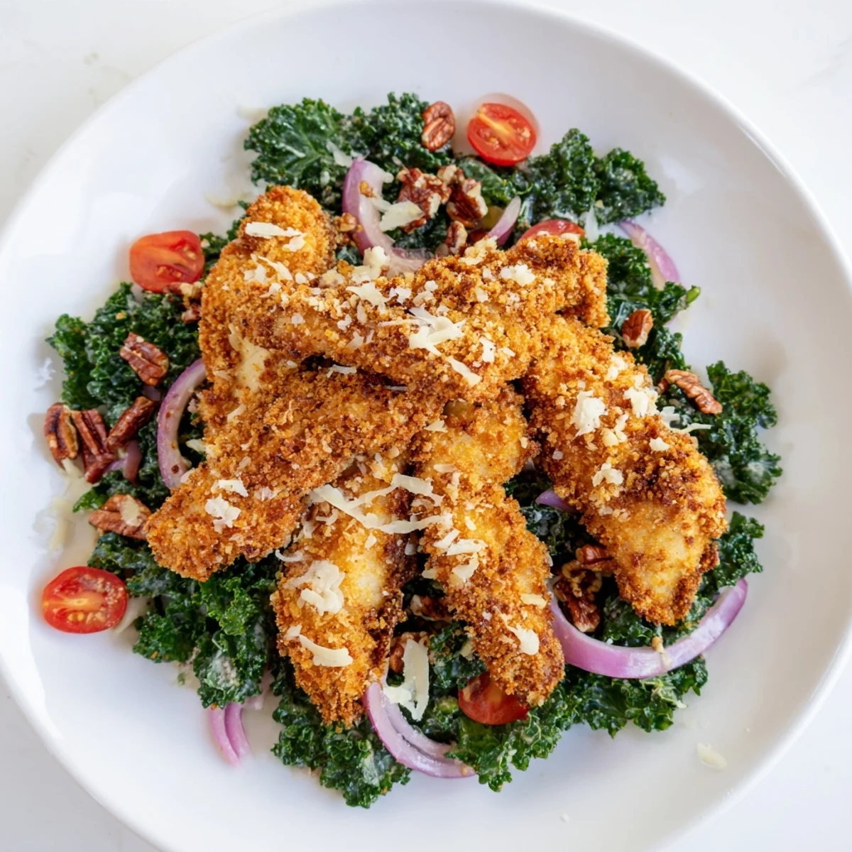 Savory breaded chicken breast slices rest on fresh kale salad with halved cherry tomatoes, red onion, and a drizzle of tangy maple-Dijon dressing.