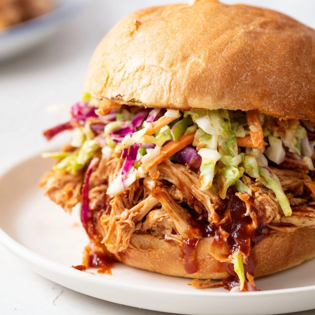 Golden pulled barbecue chicken, tender and saucy, piled onto a toasted brioche bun for an easy weeknight dinner.  