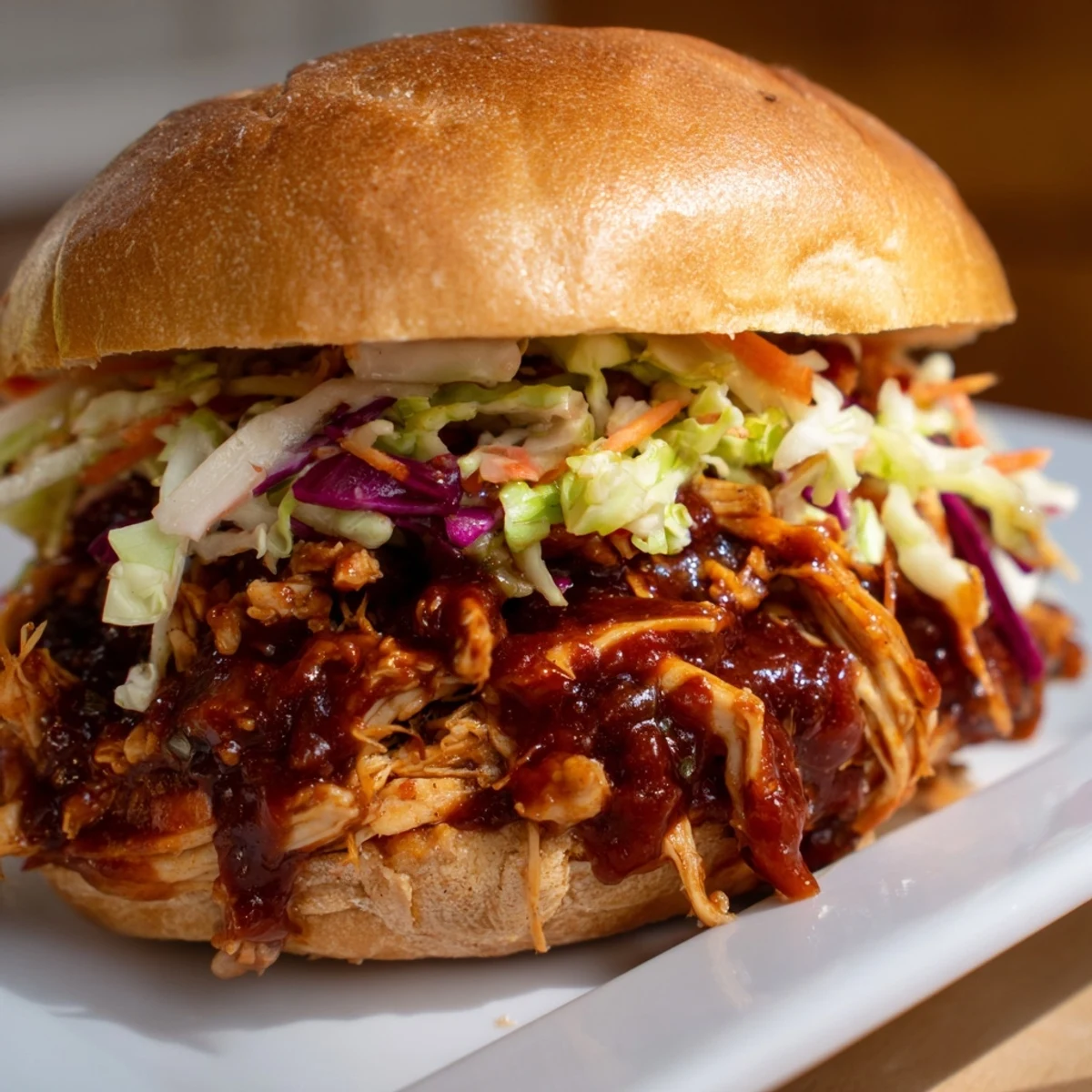 A close-up shows shredded chicken with tangy barbecue sauce and crunchy slaw on a soft brioche bun.  