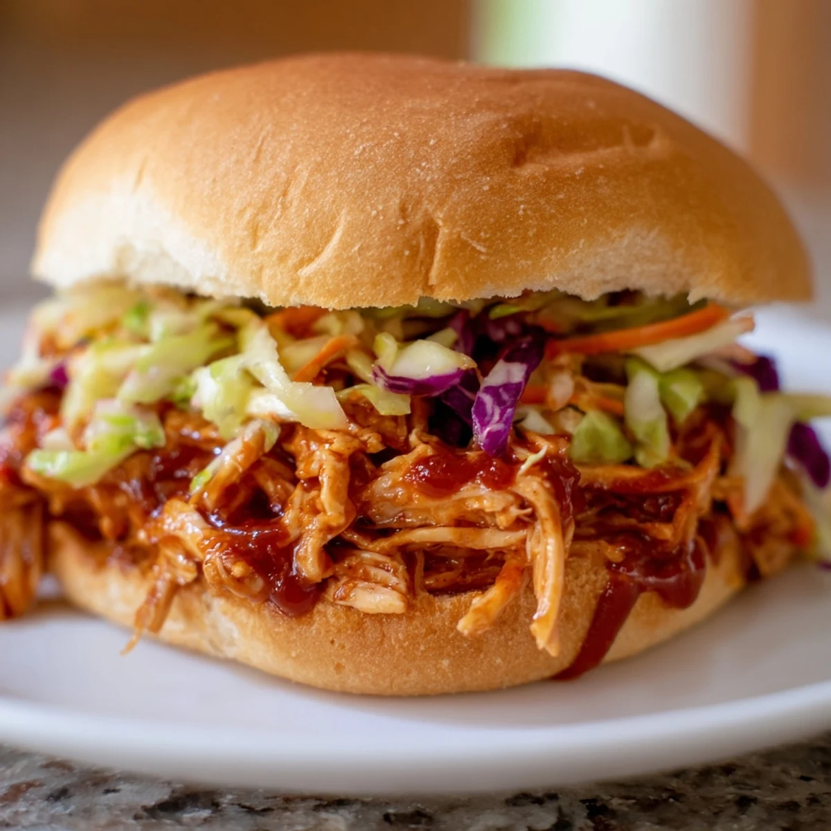 Savor this American pulled chicken sandwich with creamy slaw, served fresh on a warm, buttery brioche roll.