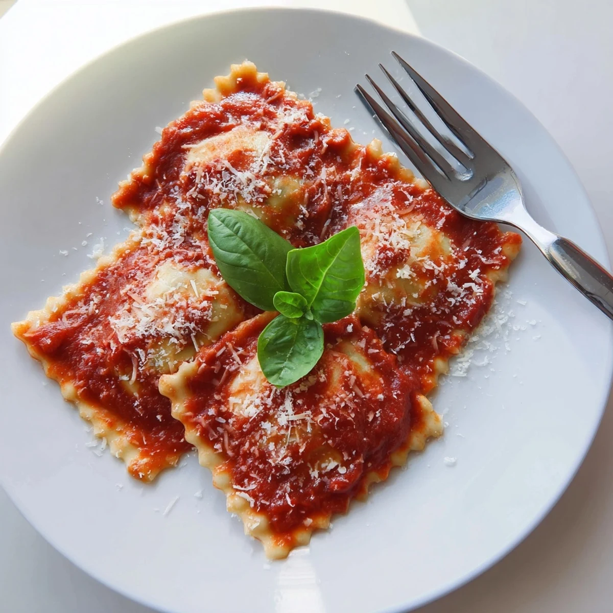 Homemade Spinach Ricotta Ravioli swimming in vibrant marinara sauce, garnished with fresh basil and Parmesan.