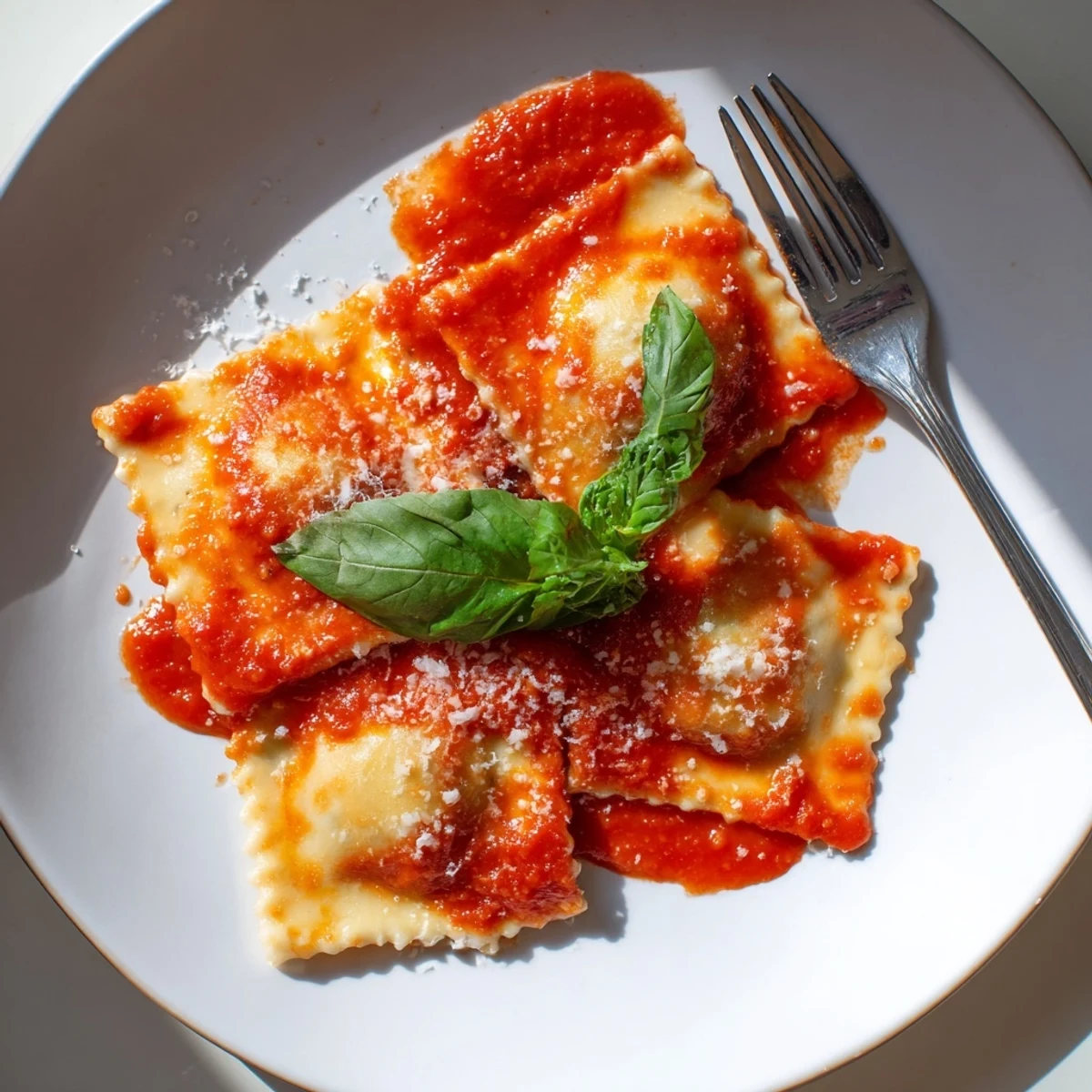 Steaming Spinach Ricotta Ravioli served on a dinner plate, paired with a glass of white wine for dinner.