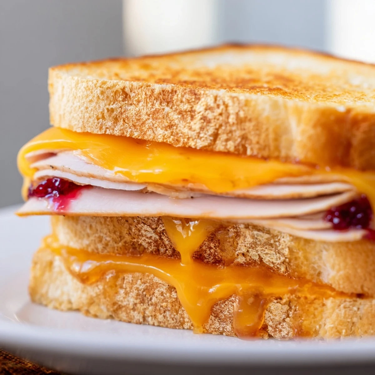 Perfectly grilled smoked turkey grilled cheese sandwich with melted sharp cheddar and cranberry spread on golden-brown sourdough bread, served on a wooden cutting board.  