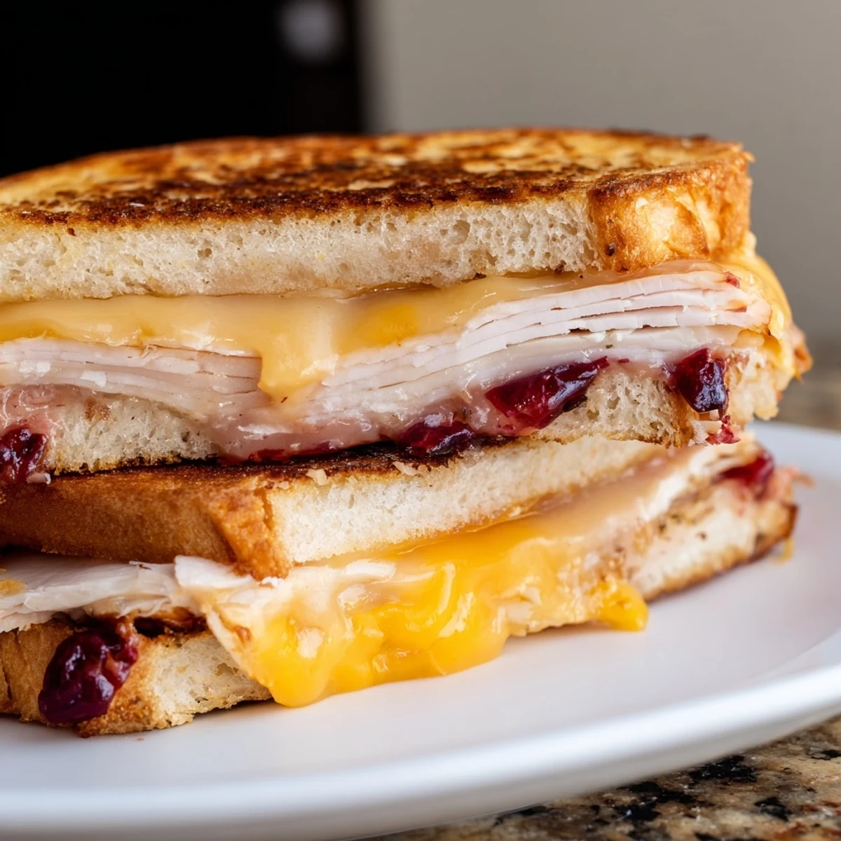 Savory smoked turkey grilled cheese featuring layers of sharp cheddar and tangy cranberry spread between crispy, buttery toasted bread slices.  