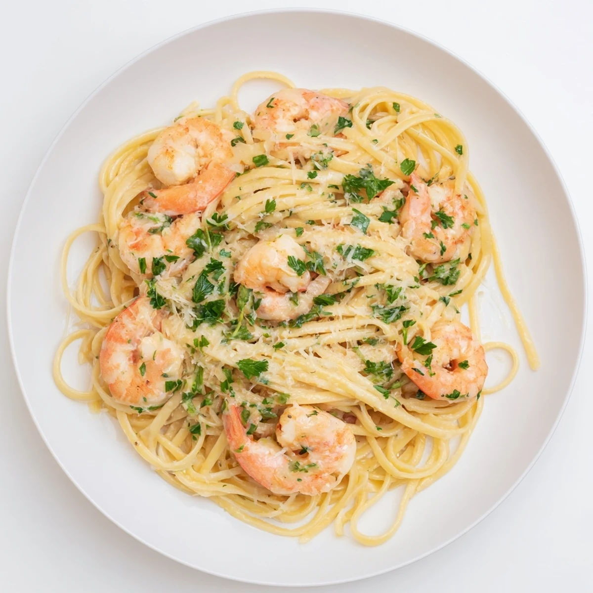 A close-up of Creamy Garlic Shrimp Pasta garnished with fresh parsley, offering a comforting, restaurant-quality meal at home.