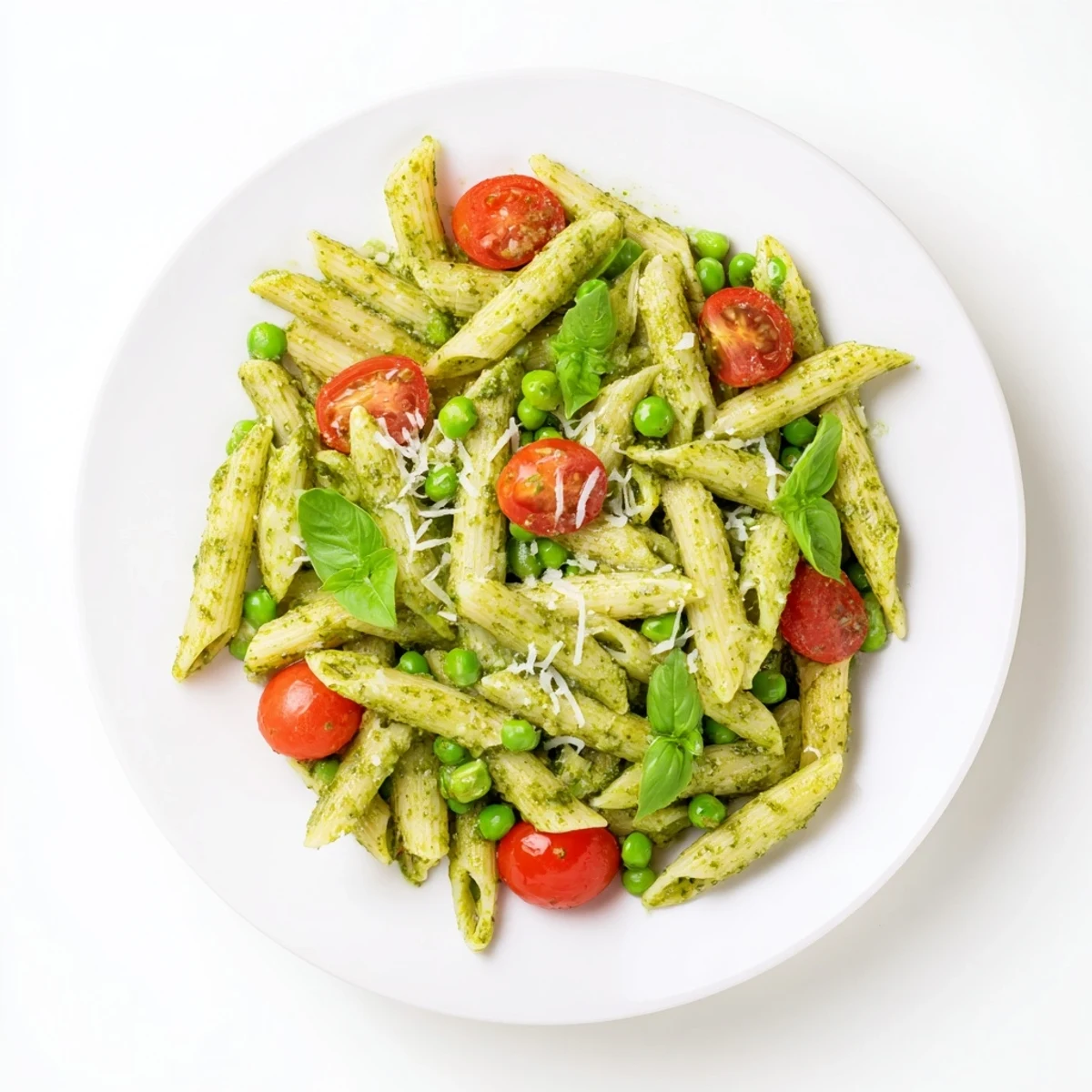 Green Pesto Pasta Salad tossed with al dente penne, sweet peas, and halved cherry tomatoes in a vibrant basil pesto dressing.