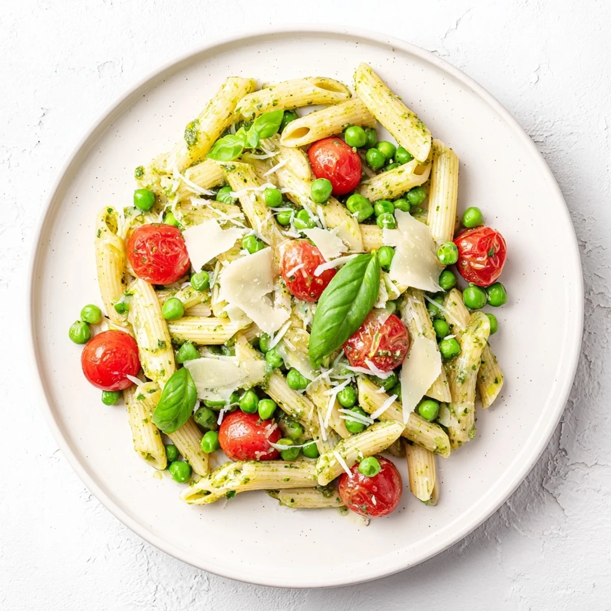 A refreshing vegetarian Green Pesto Pasta Salad served with juicy tomatoes and peas, ideal for a light lunch or picnic.